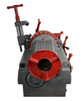 Electric Pipe Threader Machine 1/2 to 3 Inch NPT Threading Cutter for Cutting Threading and Reaming with Clamping and Oiling System Heavy Duty for Construction and Installation Work, gray and red front view