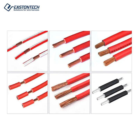 Image showcasing red PVC insulated cables with exposed copper strands, related to Automatic Cable Wire Cutting Stripping Machine High Speed Computerized Wire Processor With 100 Memory Programs For Pvc Teflon And Silicone Insulation The Real Workhorse For Your Shop.