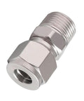 Side-angle view of stainless steel 304 compression fitting for 1/2 in OD tubing to 1/2 in NPT male thread