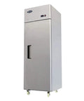 Commercial Grade Reach In Freezer, Heavy Duty Kitchen Cold Storage With Top Mount Compressor, Ultra Quiet Operation, stainless steel design with wheels.