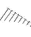 Eight sizes of 304 Stainless Steel Self Tapping Screws For Woodworking And Metal Projects, Flush Head For Tight Spaces, shown in a row