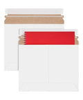 Rigid Mailers For Shipping Photos Keep It Flat With Peel And Seal Closure 323mm By 229mm White 25 Pack, showing envelope open with red insert.