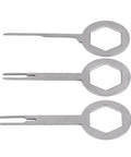 Heavy Duty Wire Terminal Removal Tool Set Three Piece Kit For Auto Electrical Plug Connector Pin Extractor With Comfortable Metal Handle. Three stainless steel extractors.