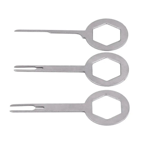 Heavy Duty Wire Terminal Removal Tool Set Three Piece Kit For Auto Electrical Plug Connector Pin Extractor With Comfortable Metal Handle. Three stainless steel extractors.