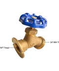 Heavy Duty Solid Brass Garden Hose Valve With Drip Free Shut Off And Knockout Durability For Yard Irrigation No Fuss 1/2 Inch FNPT To 3/4 Inch MNH Adapter shown from an angle highlighting blue handle.