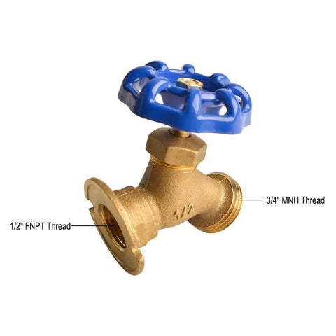 Heavy Duty Solid Brass Garden Hose Valve With Drip Free Shut Off And Knockout Durability For Yard Irrigation No Fuss 1/2 Inch FNPT To 3/4 Inch MNH Adapter shown from an angle highlighting blue handle.