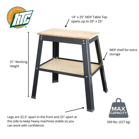 Heavy Duty Tool Table With Steel Frame For Workshop, 31 Inch Height, 500 Pound Capacity, Fully Expanding MDF Top 14 By 25 Inches