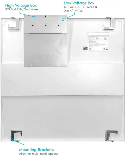 Back view of 2x2 LED Troffer Center Basket Panel With Color Tunable 3000K 4000K 5000K, showing voltage boxes and mounting brackets