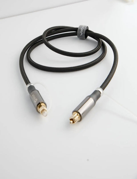 Toslink Digital Optical Audio Cable 6.6 Feet Fiber Optic Braided Cord showing connectors and nylon braided material.
