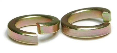 Heavy Duty One Inch High Collar Lock Washers Yellow Zinc Plated Grade Eight Steel Bulk Lot Of One Thousand displayed on a white background.