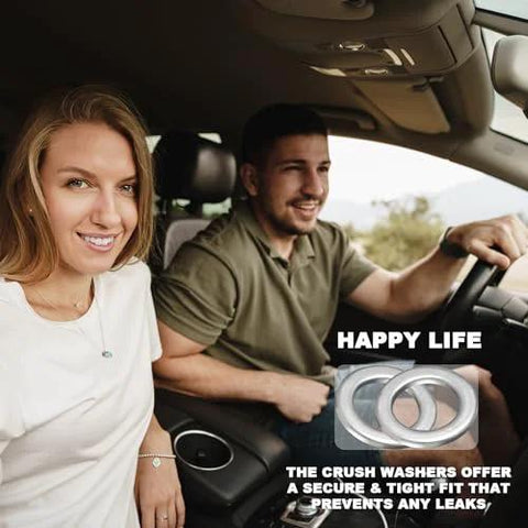 Interior view with couple in car; inset shows two metal oil drain plug crush washers (18mm & 20mm) for Honda/Acura