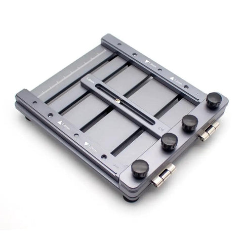 Mini CNC Solder Paste Stencil Printer for Dual Sided PCBs with laser etched scales, tool free clamping, pro grade aluminum fixture.