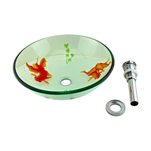 Round Glass Vessel Sink 16.5 Inch Durable Tempered Glass Bathroom Basin With Chrome Drain Koi Fish Design Countertop Mount