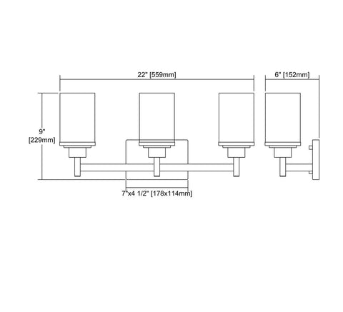 Line drawing of Belmar 3 Light Bath Vanity Light In Oil Rubbed Bronze With Opal White Glass, showing dimensions 22"W x 9"H x 6" ext.