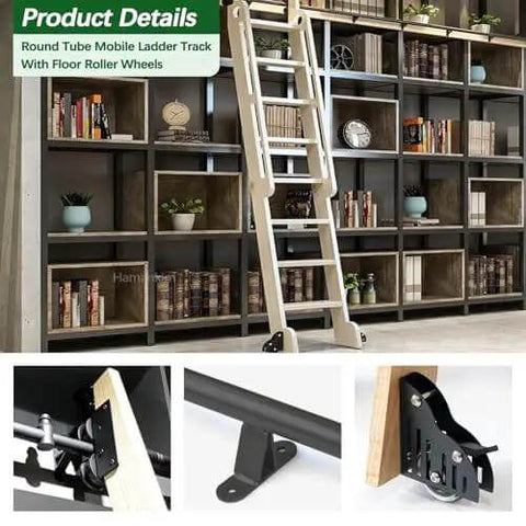 Home library showcasing 24 Foot Sliding Barn Door Ladder Hardware Kit With Round Tube Track And Bottom Brake Wheels.