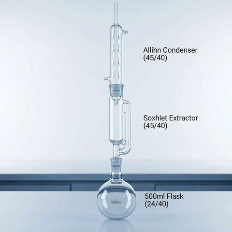 Soxhlet Extraction Set 500ml 45 To 40 And 24 To 40 Lab Glassware Must Have For Botanical Extraction, Reflux And Chemistry Experiments, Borosilicate Glass With Allihn Condenser And Solid Liquid Extraction System