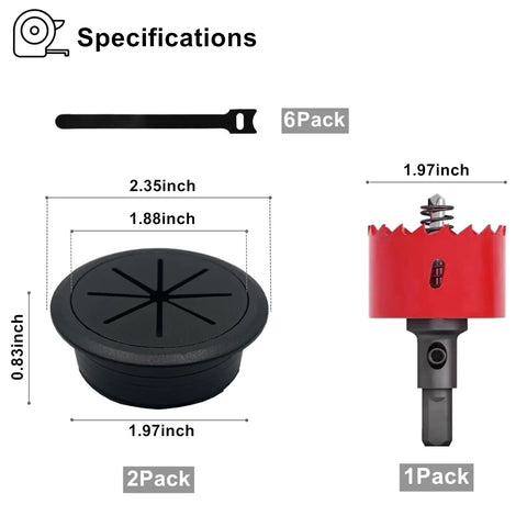 Specifications of 2 Pack Desk Grommet 2 Inch 50 Mm Hole Cover For Cables Black Desk Cord Hole Cover For Office And Home with drill attachment.