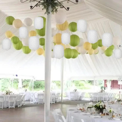 Ten Pack White Paper Lanterns 6.3 Inch Oval Hollow Hanging Lanterns for wedding decor in white tent setup