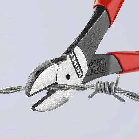 Pro Grade Do It All High Leverage Diagonal Cutter Pliers cutting barbed wire, showing straight head and forged build.