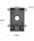 Weatherproof Single Gang Nonmetallic Electrical Outlet Box For Outdoor Receptacles With One Half Inch Or Three Quarter Inch Threaded Outlets Two Inch Depth Gray Finish Built Tough Includes Closure Plugs And Reducer Bushings Mounting Hardware