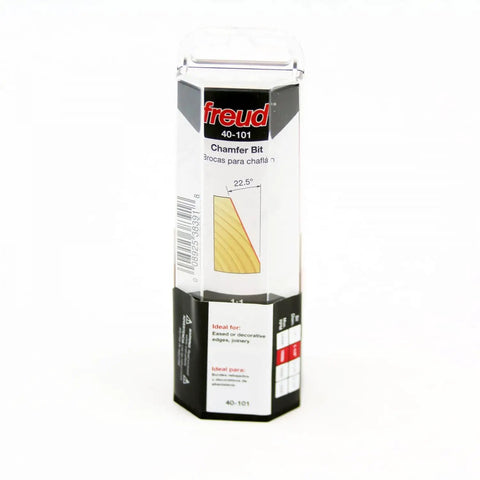 Packaging of 1-1/4 Inch Chamfer Router Bit With 1/2 Inch Shank, Carbide Two-Cutter, 22.5 Degree Chamfer