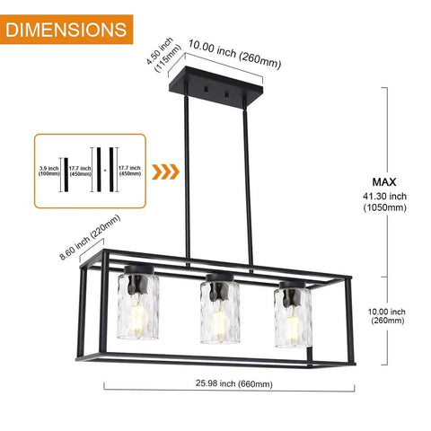 Dimensions of Classic Pendant Lighting For Kitchen Island With Hammered Glass Shades 3 Light Linear Modern Farmhouse Chandelier In Matte Black