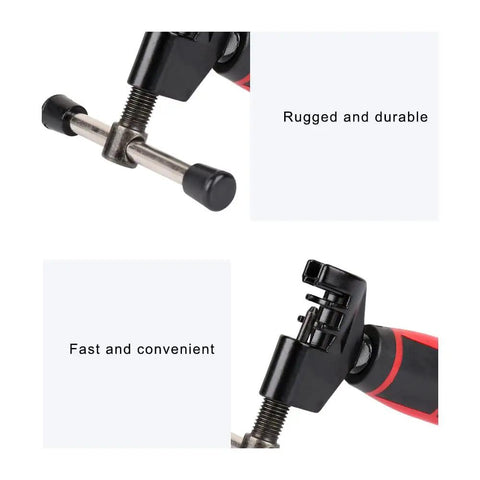 Universal Bike Chain Tool And Breaker For Road And Mountain Bikes showing steel and plastic build with handle close-up