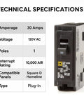 Square D Homeline 30 Amp Circuit Breaker Kit 1 Pack Single Pole 30A 120V 10kAIC UL Listed Plug-In for Load Center Panel Box Replacement Residential Grade Easy Install, black breaker