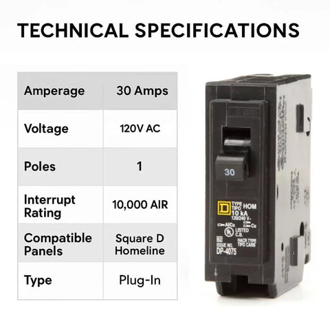 Square D Homeline 30 Amp Circuit Breaker Kit 1 Pack Single Pole 30A 120V 10kAIC UL Listed Plug-In for Load Center Panel Box Replacement Residential Grade Easy Install, black breaker