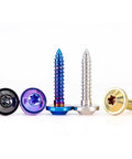 Straight Up Gr5 Titanium Self Tapping Screws With Torx Socket Flying Saucer Head And Vivid Pvd Purple Finish visible in various colors.