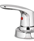 Close-up of a Colony Pro 2 Handle Utility Faucet in polished chrome with drip-free ceramic disc valve, detailed red indicator on lever.