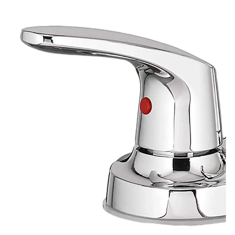 Close-up of a Colony Pro 2 Handle Utility Faucet in polished chrome with drip-free ceramic disc valve, detailed red indicator on lever.