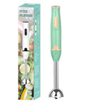 800W Immersion Hand Blender With Stainless Steel Blades For Whipping Up Smoothies And Baby Purees With 2 Speed Settings And Ergo Handle That Blends Tough Stuff With Ease Using The EU Plug To Level Up Your Cookout For Tasty Eats Now. Compact mint green stick blender in packaging.