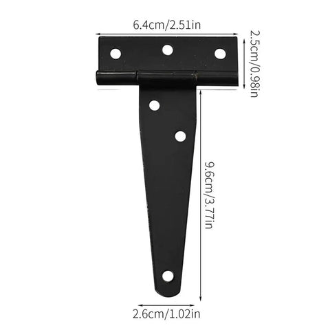 30 Piece Set Black Heavy Duty T Hinges For Barn Doors And Garden Sheds Rock Solid Iron Outdoor Gate Hardware For Fence Wood Jobs Built Tough For Easy Everyday Swings, showing detailed dimensions and design.