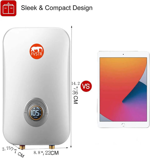 Instant Tankless Water Heater 240V 7kW self-modulating beside tablet for size comparison, compact sleek design.
