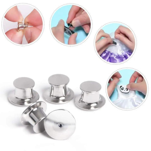 Heavy Duty Metal Pin Backs 30 Pack Snap On Quick With Zero Tools, silver metal pin backs, easy snap-on design for badges.