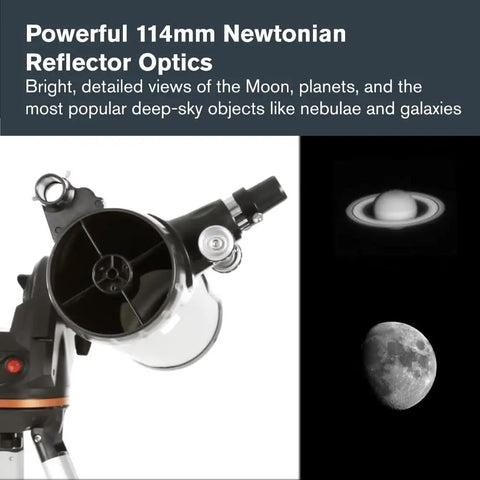 Beginner Friendly Computerized Newtonian Telescope With GoTo Mount 114mm Reflector showing moon and Saturn images