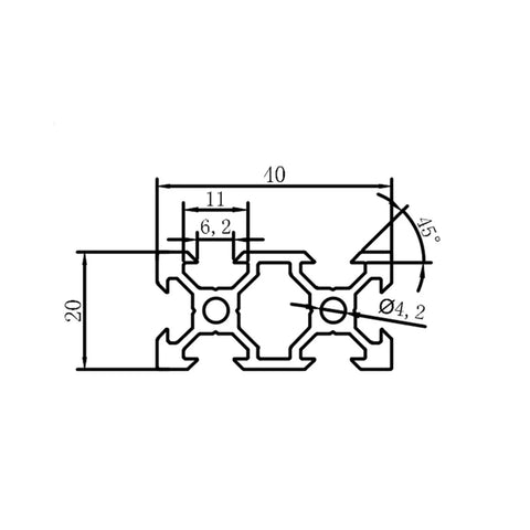 Dimensioned sketch of 2040 V Slot Aluminum Extrusion Bar for custom 3D printer frame and maker rig building.