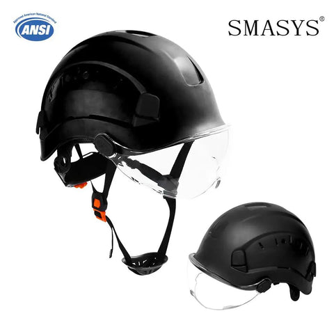 Black safety helmet with visor and ear muffs, ANSI certified, showing side and front views, ideal for construction work.