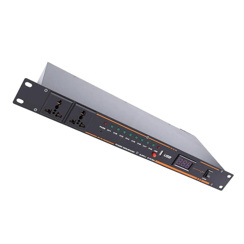 Heavy Duty 10 Outlet Power Sequencer Conditioner With Bright Digital Display and USB ports, grey metal rack mount design.