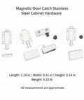 Magnetic Cabinet Catch For Glass Doors And RVs, Stainless Steel Slim Profile Latch Hardware with dimensions and components shown