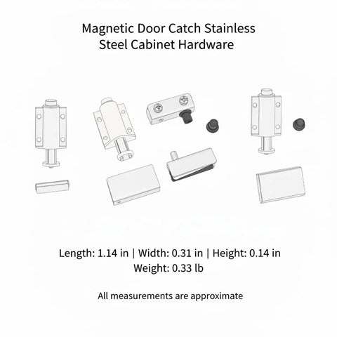 Components of Stainless Steel Magnetic Cabinet Catch For Glass Doors And RVs Keeps Cabinets Closed On Bumpy Rides With Invisible Latch Hardware No Visible Hardware 1 Pack displayed.