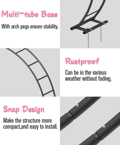 Metal Arch Backdrop Stand 8 Ft Wide 7 Ft High For Weddings, featuring multi-tube base design, rustproof material, and snap assembly.