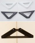 Super Heavy Duty Wrought Iron Shelf Brackets Corner Wall Mounts in black and white, triangular shape for bookshelves and kitchen racks.