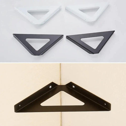 Super Heavy Duty Wrought Iron Shelf Brackets Corner Wall Mounts in black and white, triangular shape for bookshelves and kitchen racks.