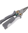 8 In 1 Heavy Duty Wire Stripper Pliers With Integrated Voltage Tester For Electricians Crimping Cutting Twisting And Short Circuit Testing, gray rubber grips.