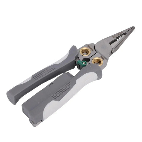 8 In 1 Heavy Duty Wire Stripper Pliers With Integrated Voltage Tester For Electricians Crimping Cutting Twisting And Short Circuit Testing, gray rubber grips.