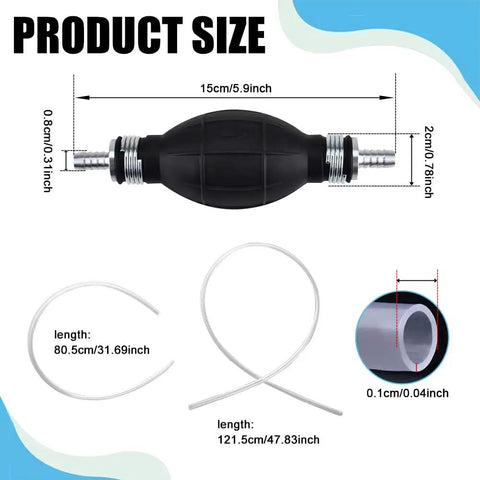 Straight Up Heavy Duty Hand Fuel Transfer Pump, No Sweat Gasoline Siphon Hose Kit size diagram showing pump and hoses measurements.