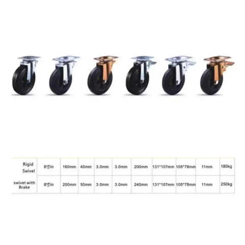 Six Inch Brake Swivel Casters With Iron Core Rubber Wheels Four Pack Heavy Duty Mobile Caster Set shown in various designs