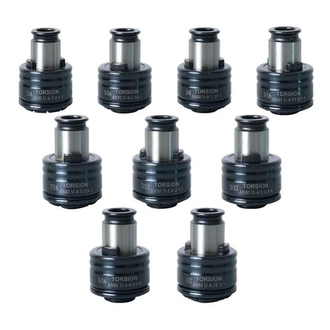 Premium 9 Piece GT12 ANSI Tap Torque Collet Set Fits M16R Electric Tapping Machine Includes 1/8 To 1/2 Inch precision chucks.